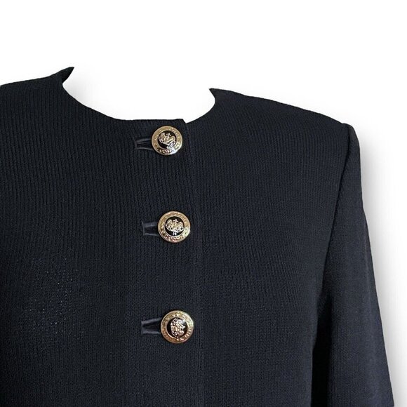 St John Womens Santana Knit Jacket Sz Petite Black Gold Lion Crest Button Blazer - Picture 5 of 9